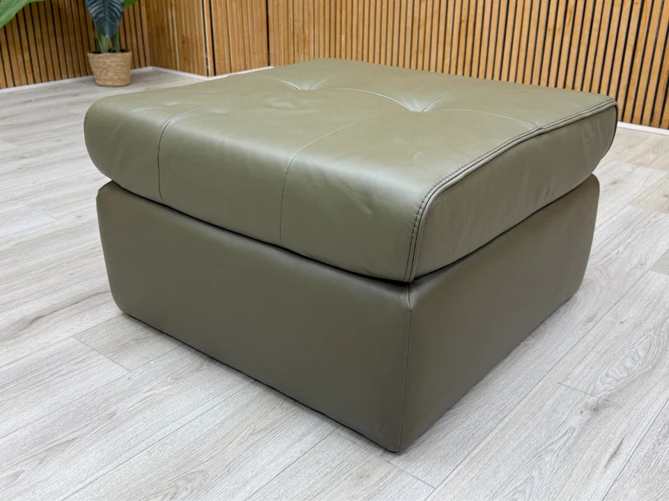 'Ava' Khaki Green Leather Large Square Footstool - Image 3