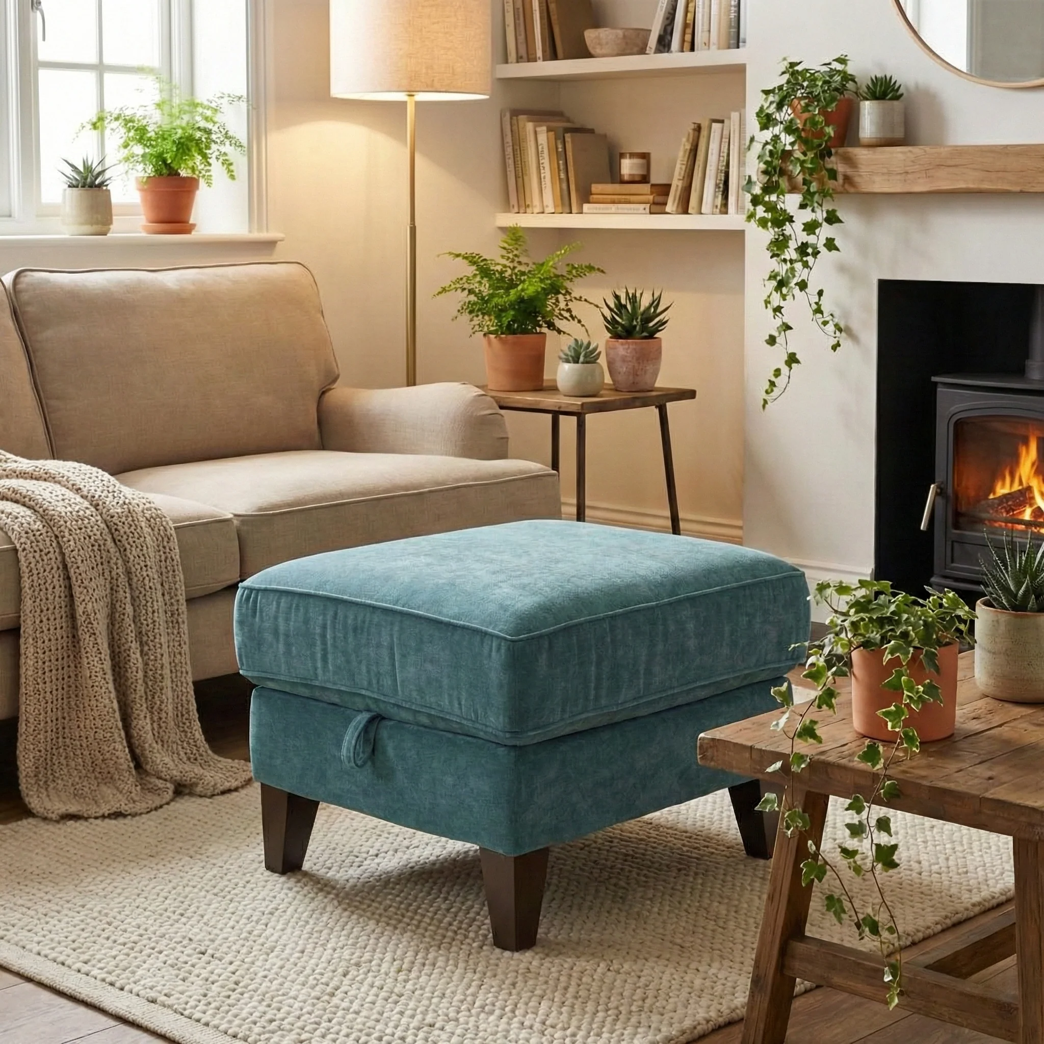 'Brondby' Fab-Can-R340 Peacock Fabric Storage Footstool - Image 2
