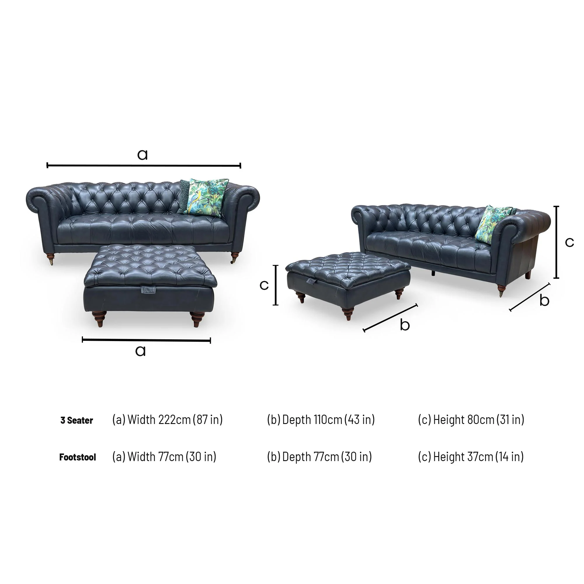 ‘Columbus’ Midnight Navy Cat-200/85 Leather 3 Seater Chesterfield Sofa with Castors + Large Square Storage Footstool - Image 10