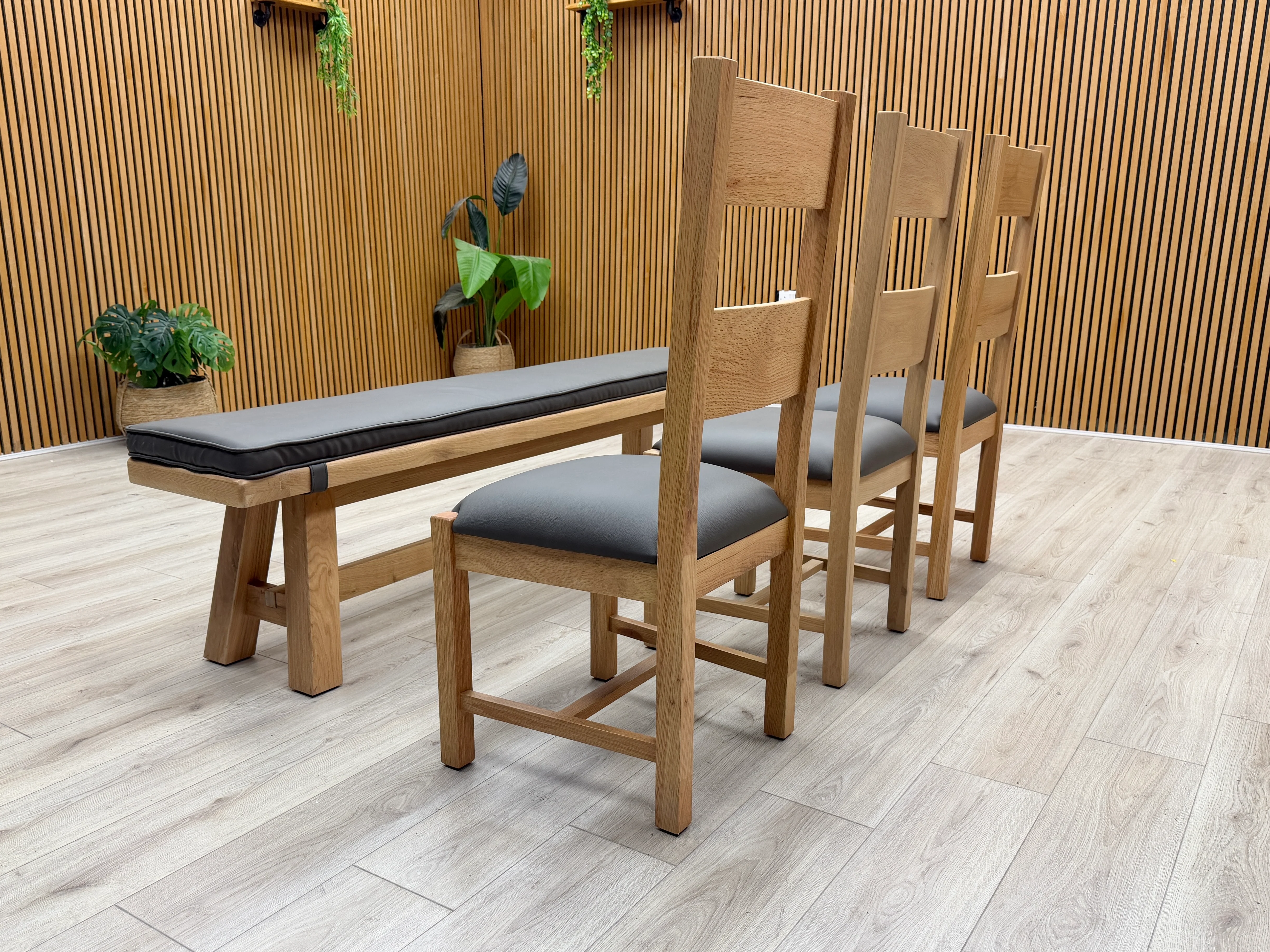 'Delaney' Grey Faux Leather Upholstered Wooden Slat Back Chairs + Large Dining Bench with Faux Leather Bench Pad - Set of 4 - Image 3