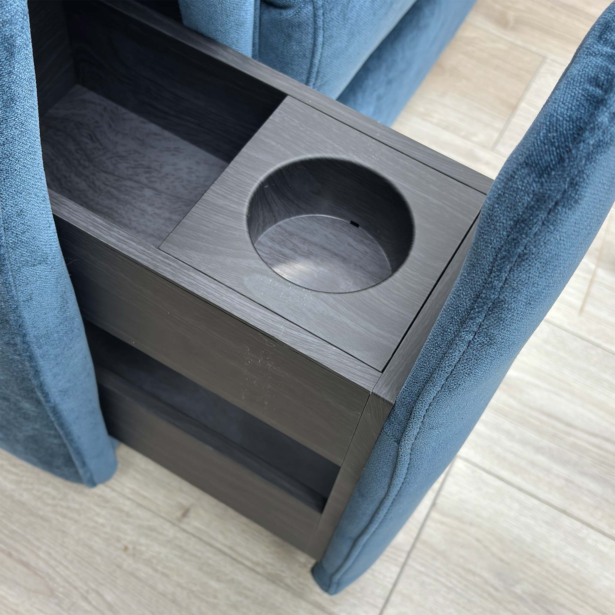 ‘Flex’ Fab-Can-R330 Steel Blue Velvet Power Recliner Armchair with Storage Arms - Image 9