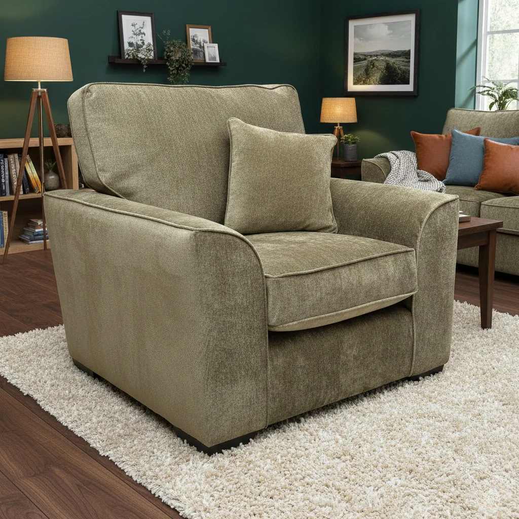 'Harvey' Olive Green Derwent Soft Weave Fabric Armchair - Image 2