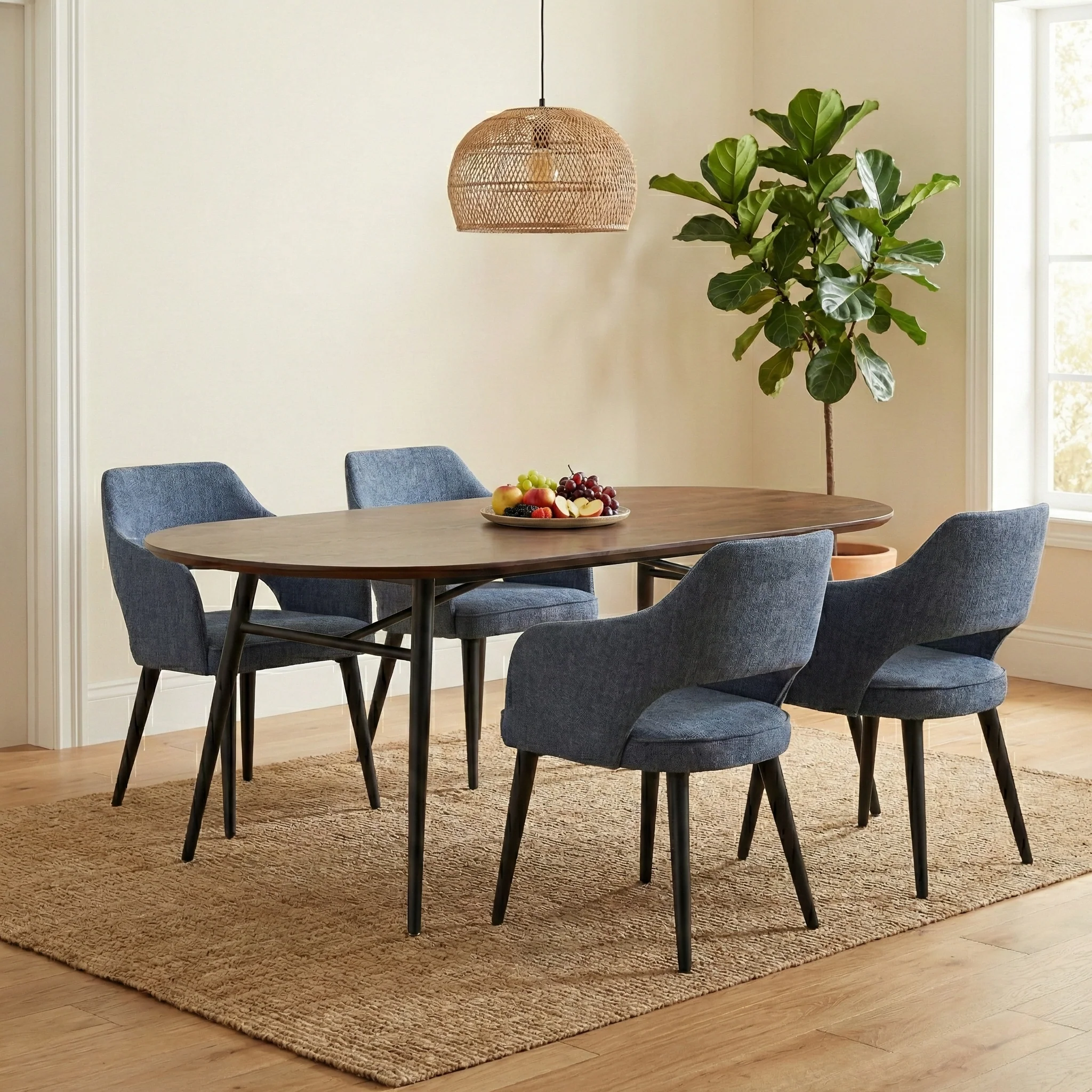 ‘Manu’ Navy Blue Fabric Fixed Dining Chairs - Set of 4 - Image 2