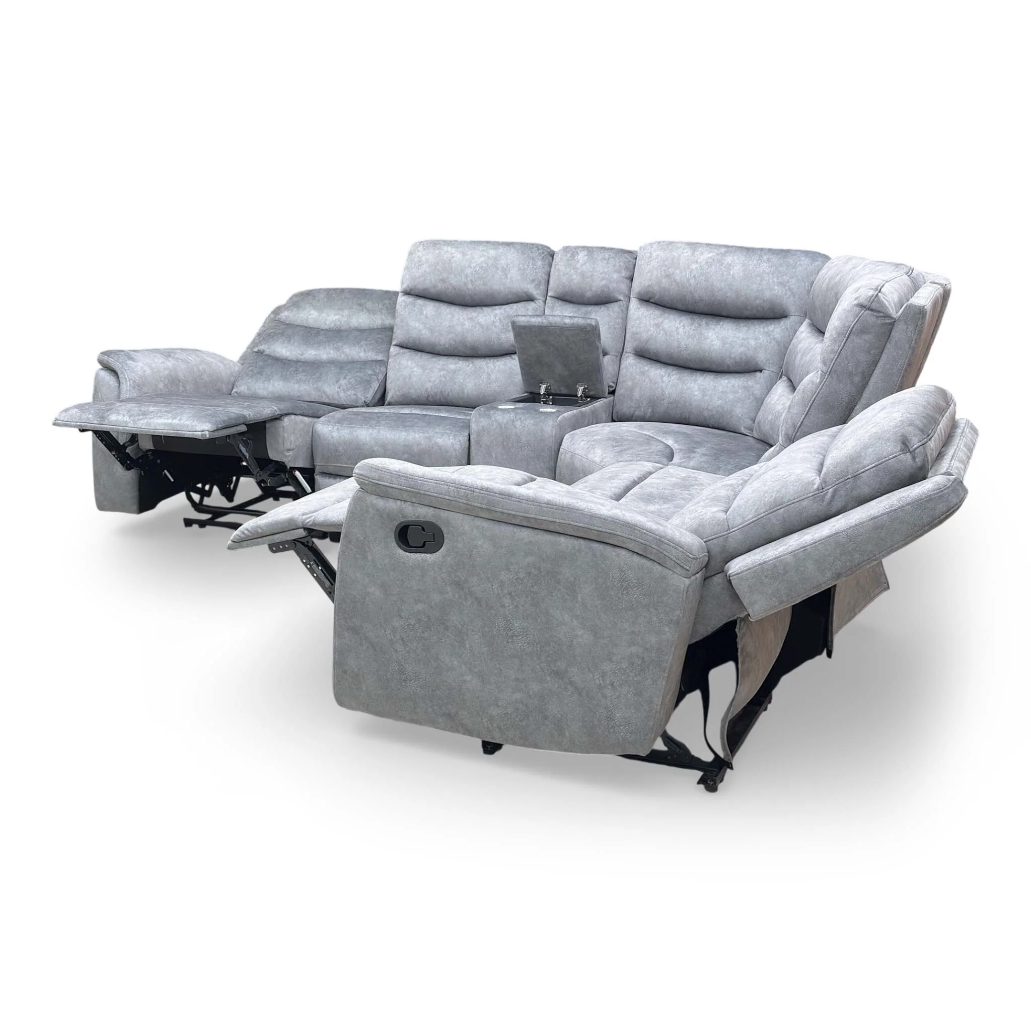 ‘Polly’ Dapple Grey Velvet Manual Recliner 2 Corner 2 Sofa with Cup Holder Console - Image 12