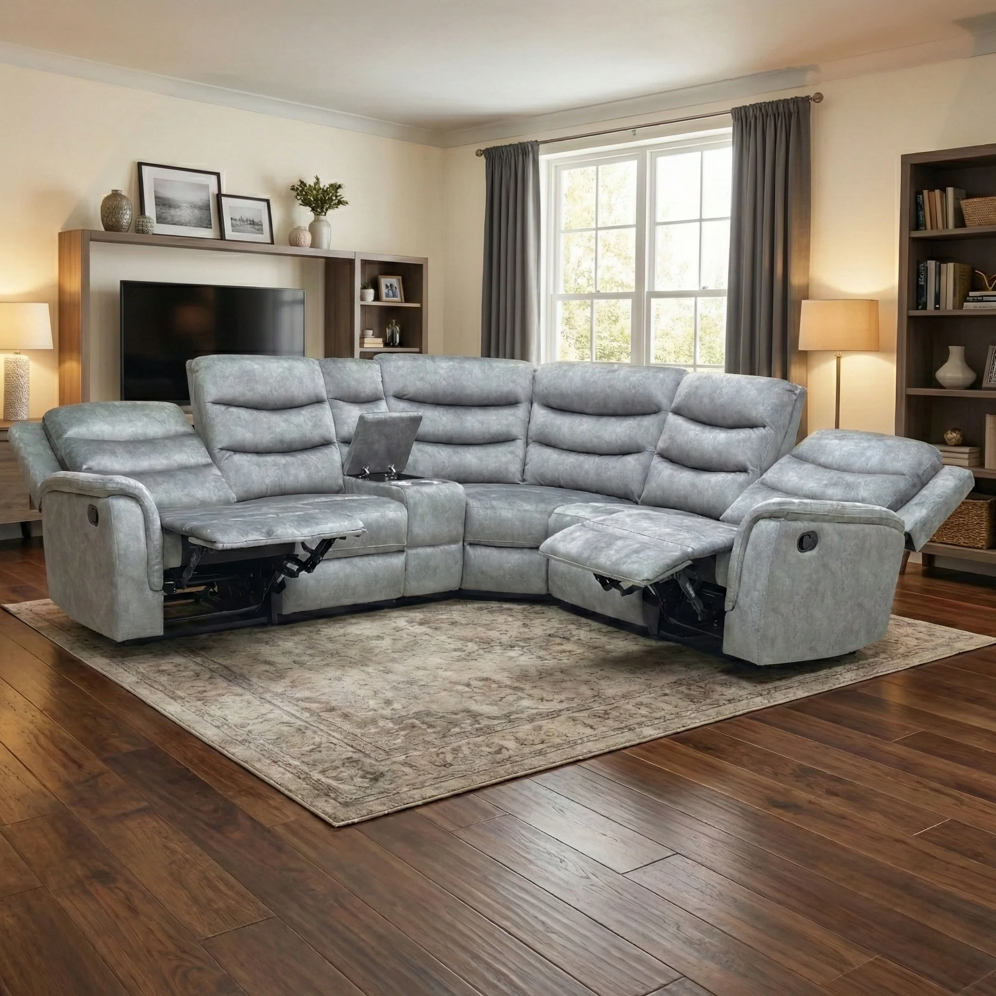 ‘Polly’ Dapple Grey Velvet Manual Recliner 2 Corner 2 Sofa with Cup Holder Console - Image 2