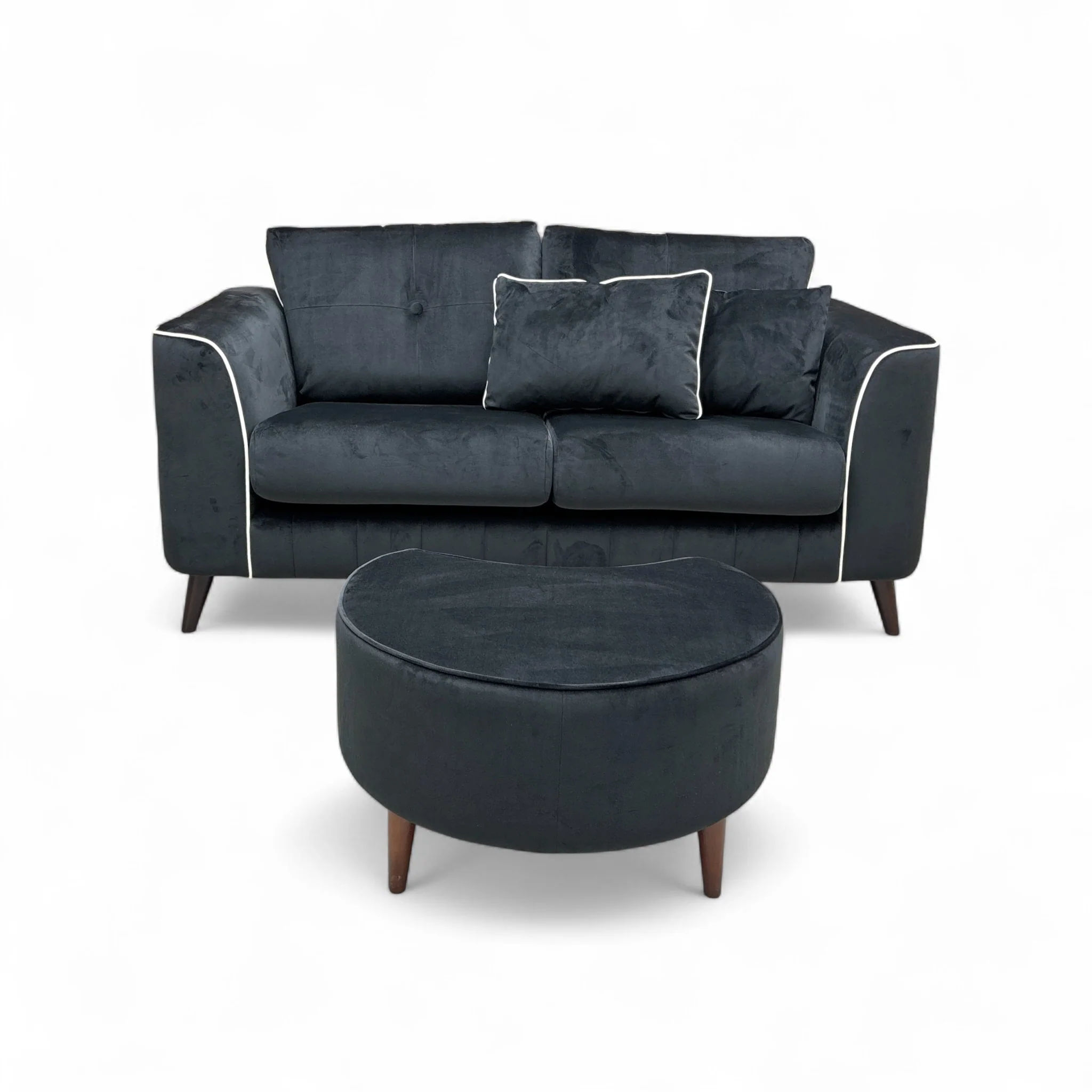 'Remi' Black Velvet 2 Seater Sofa with Half Moon Footstool - Image 4