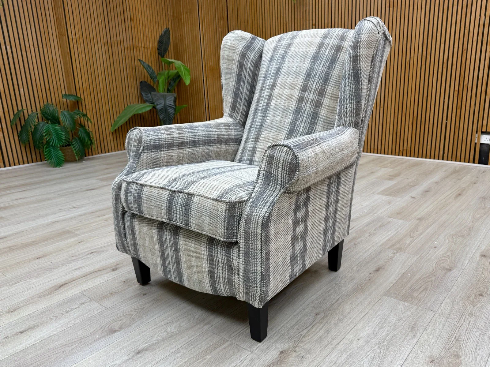 'Shirley' Taupe and Grey Combination Checkered Pattern Tight Weave Winchester Fabric Accent Chair - Image 3
