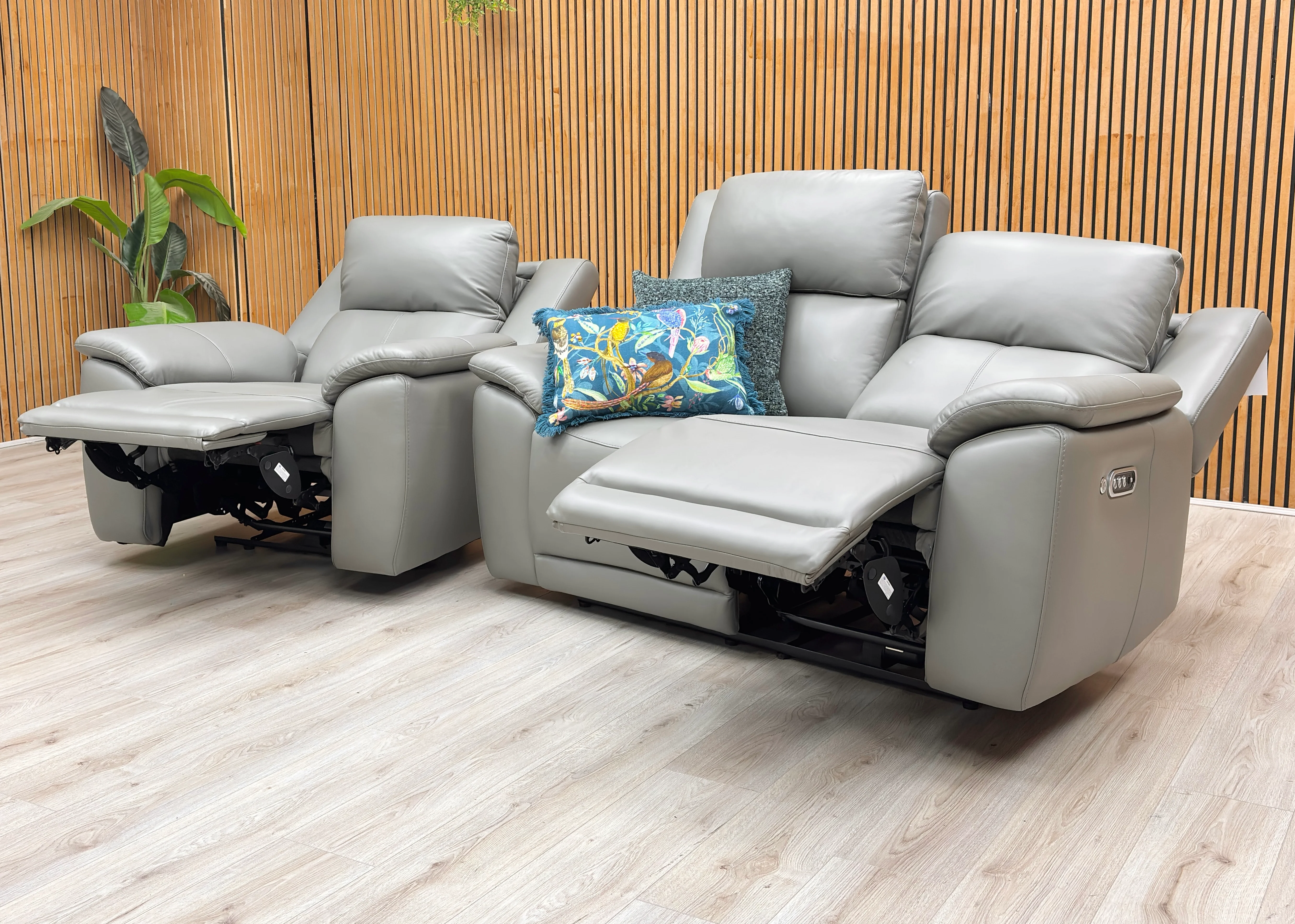 ‘Utah’ Natural Ash Grey La-4825 Leather 2 Seater Power Recliner Sofa with Power Headrests, Power Lumbar and Heated Seats + Power Chair with Heated Seat - Image 3