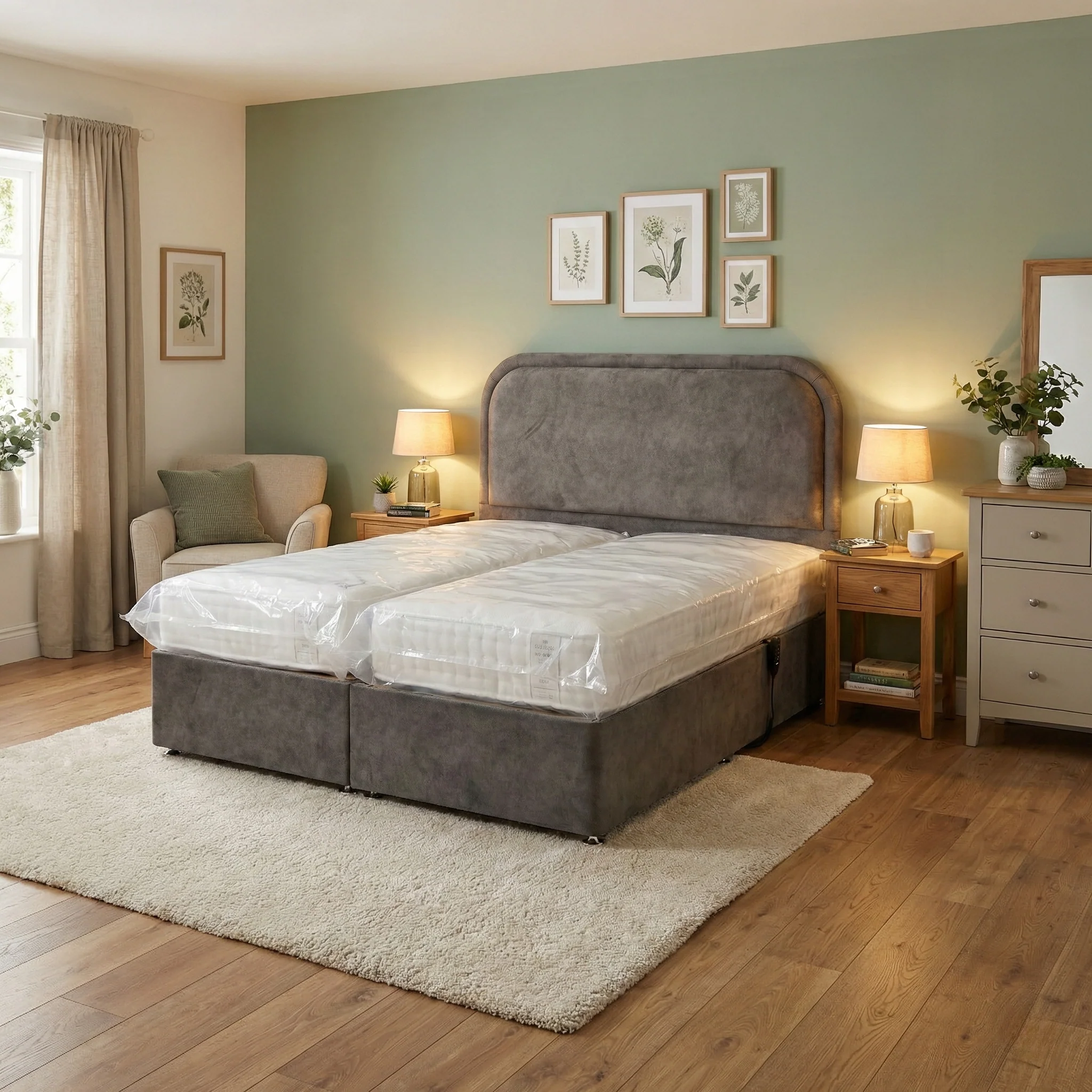 ‘Warwick’ Dapple Mink Velvet Floor Standing Headboard + Adjustable Electric Bed - Super King - Image 2