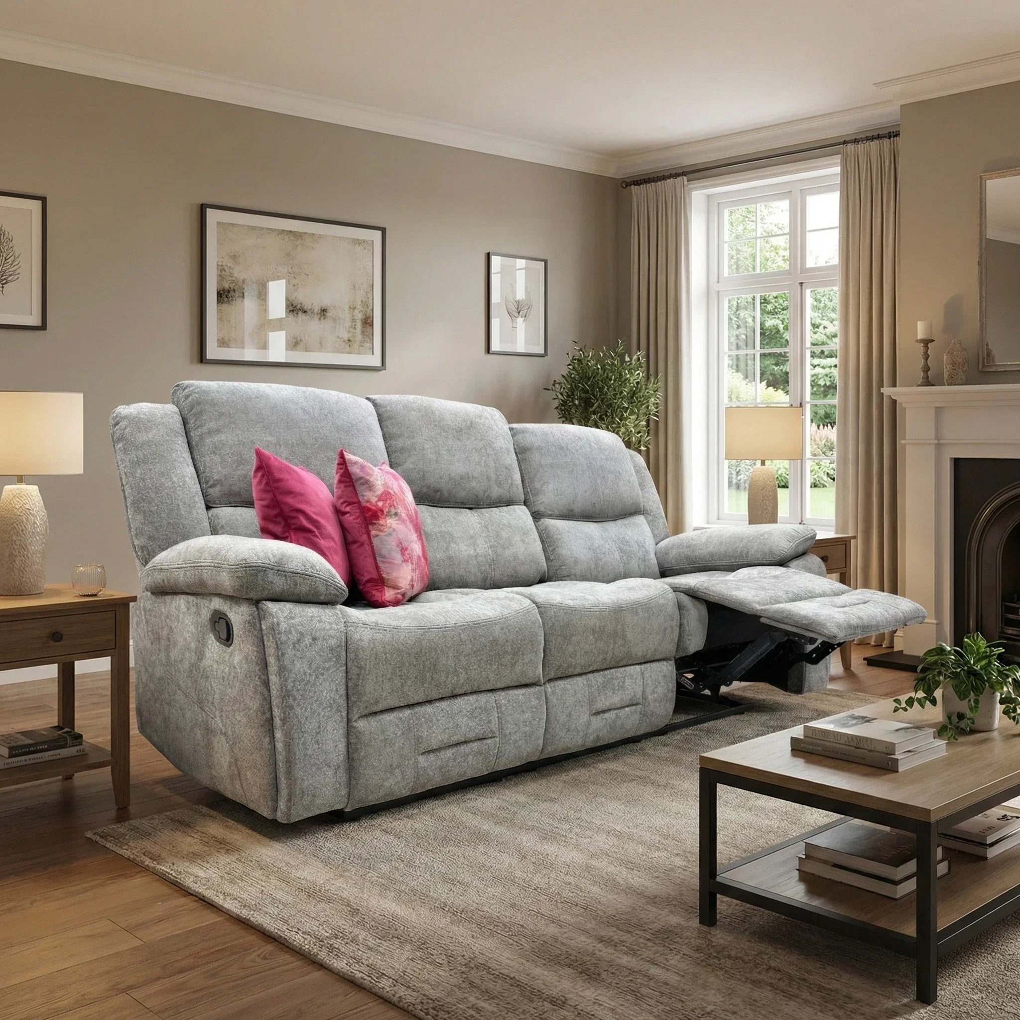 'Weston' Mocha Tight Weave Fabric 3 Seater Manual Recliner Sofa with Drop Down Cup Holders - Image 2