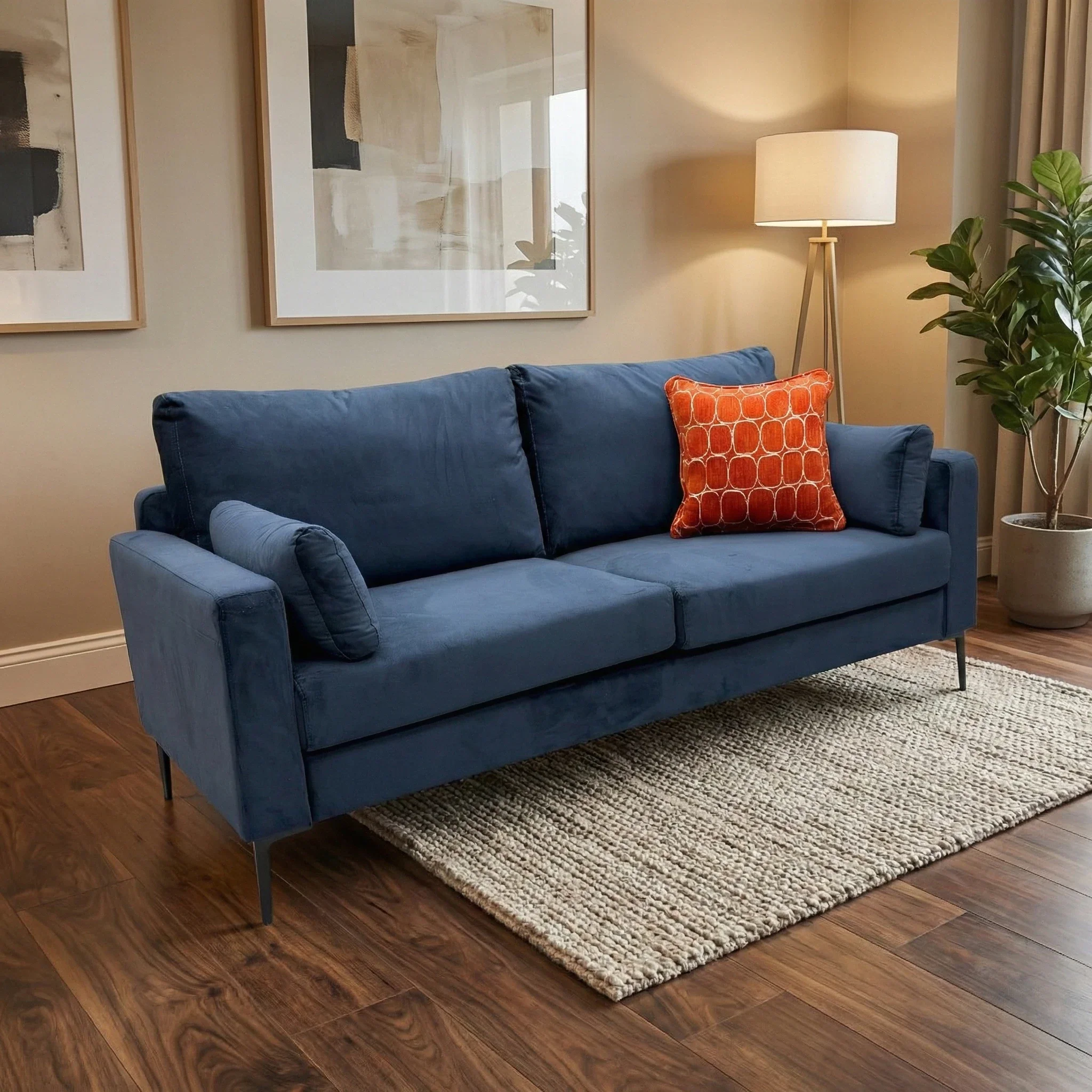 ‘Wren’ Navy Blue Velvet 3 Seater Formal Back Sofa - Image 2